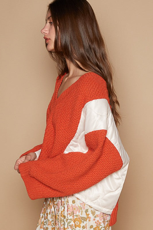 Outfit Flow - POL Cable Knit Quilting Patch V-Neck Contrast Sweater