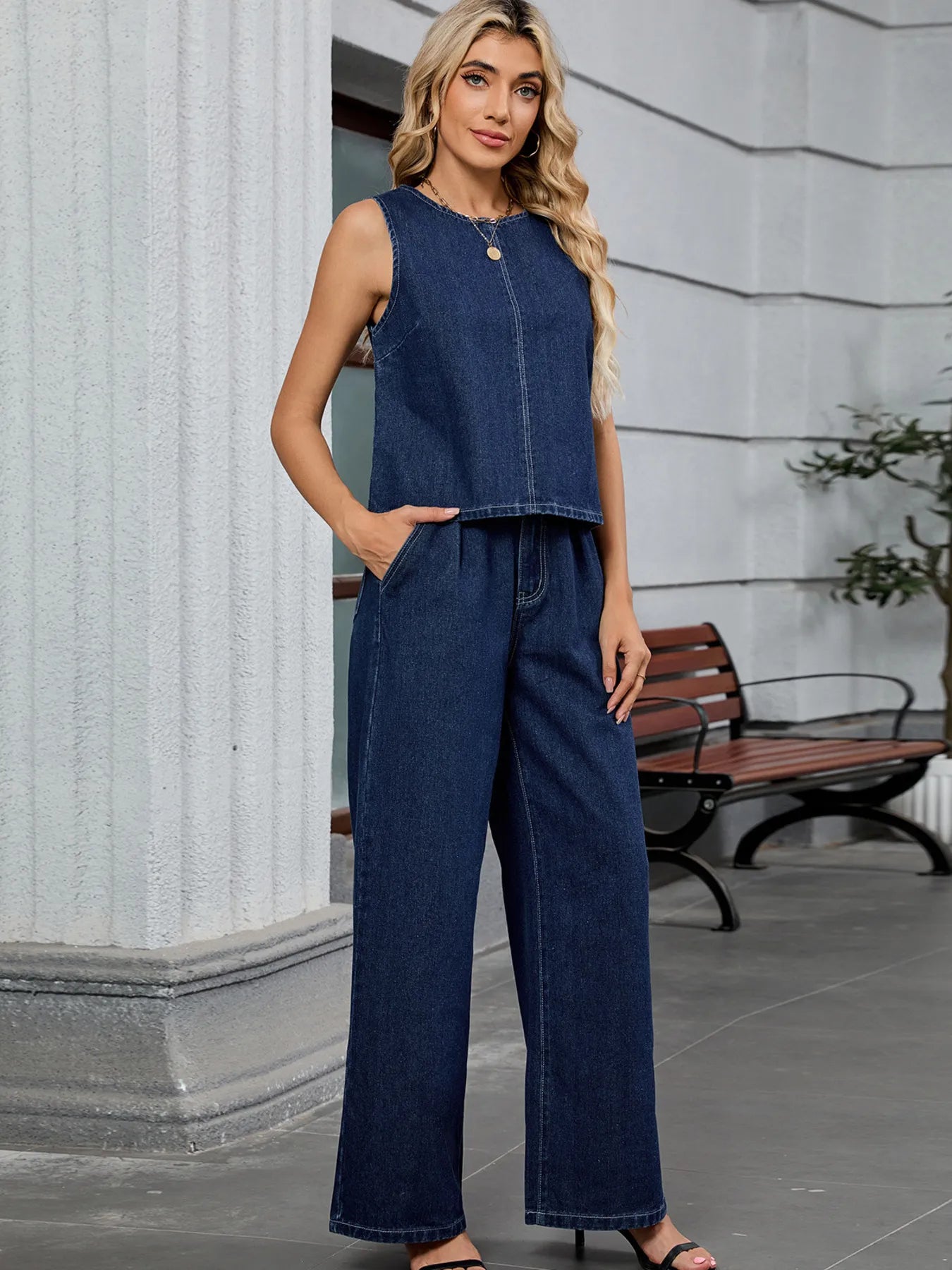 Round Neck Tank and Pants Denim Set OutfitFlow