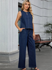Round Neck Tank and Pants Denim Set OutfitFlow