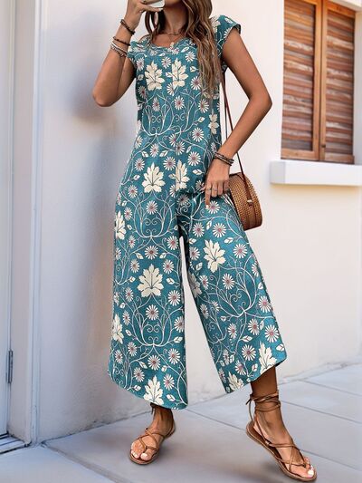Perfee Printed Round Neck Cap Sleeve Wide Leg Jumpsuit Turquoise OutfitFlow