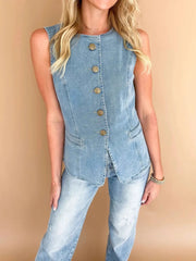Sleeveless Button-Front Denim Vest OutfitFlow
