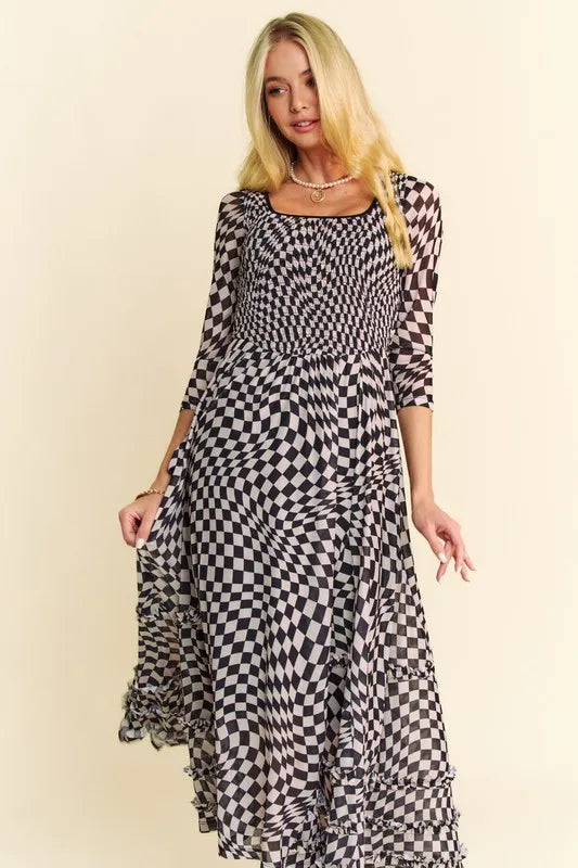 Davi & Dani Printed Checker Mesh Flowy Maxi Dress OutfitFlow