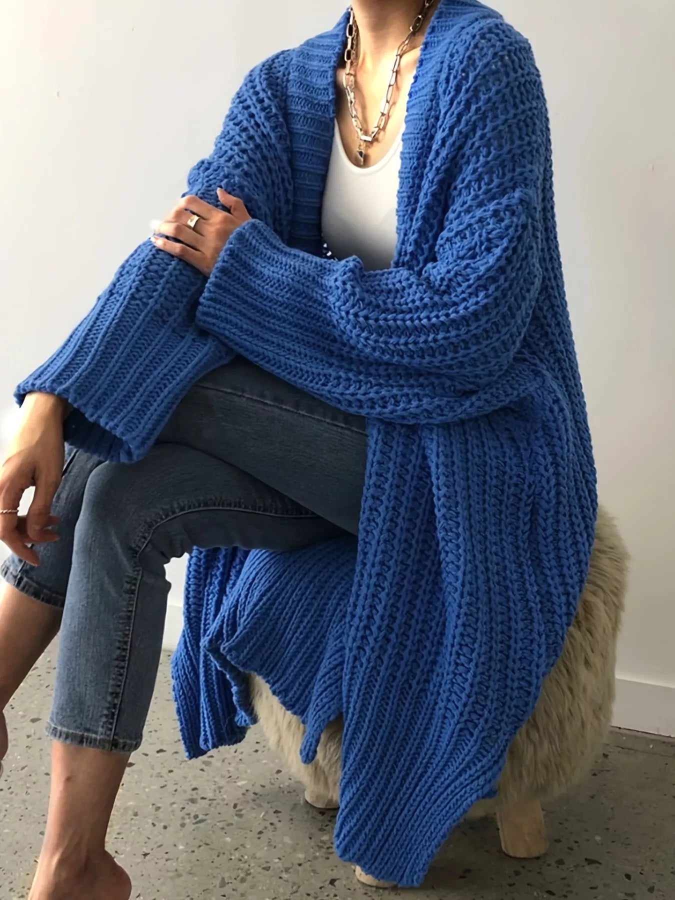 Chunky Knit Open Front Cardigan Blue OutfitFlow