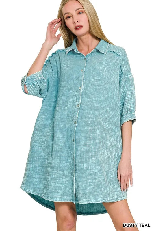 Zenana Washed Double Gauze Button Down Shirt Dress OutfitFlow