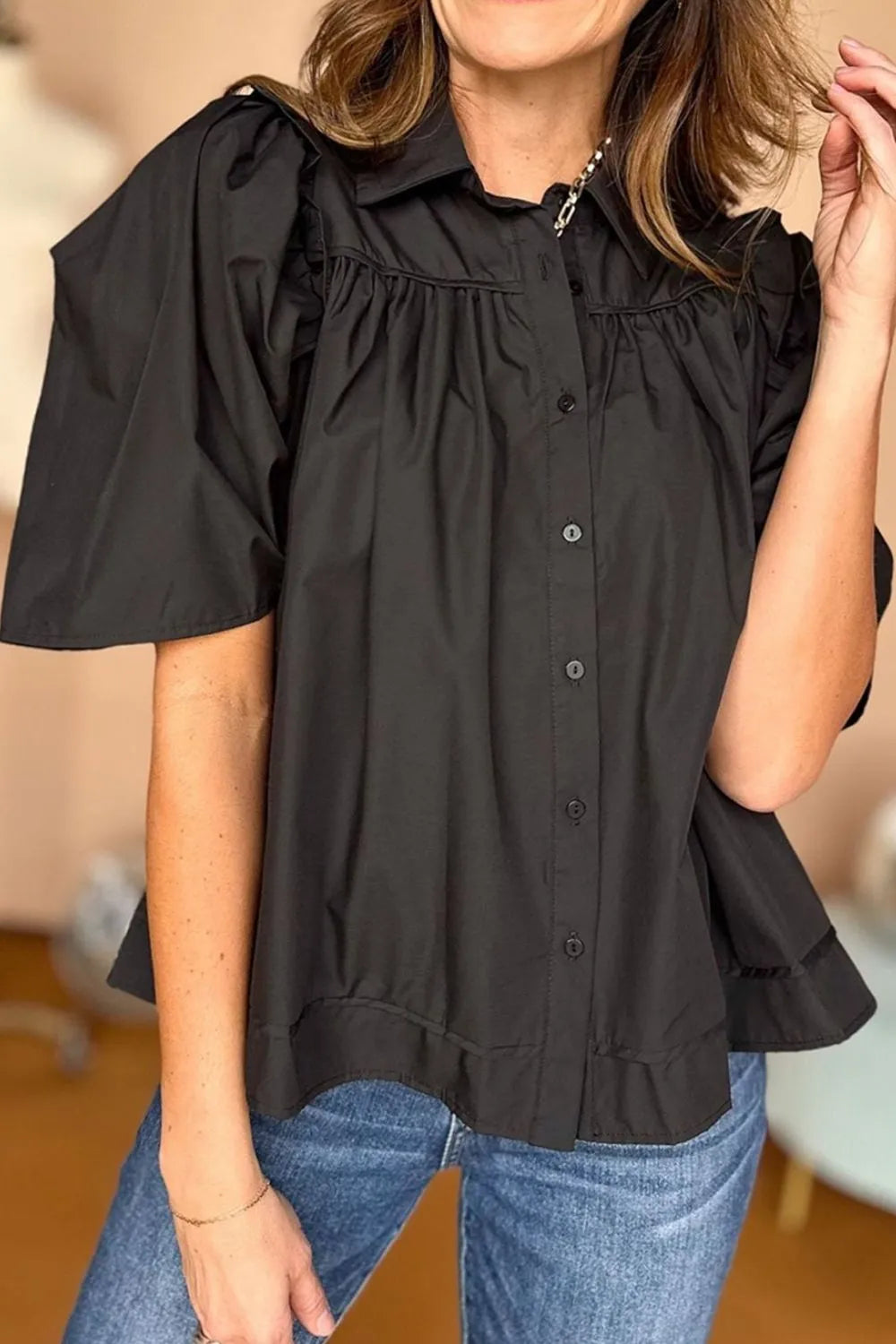 Puff Sleeve Button Down Shirt OutfitFlow
