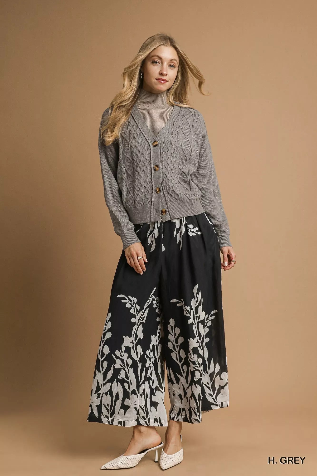 Umgee Chunky Cable Knit V-Neck Button-Up Cardigan OutfitFlow
