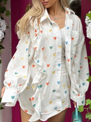 Colorful Heart Print Shirt and Shorts Set OutfitFlow