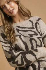 Umgee Heart Print Crew Neck Sweater Trendsi