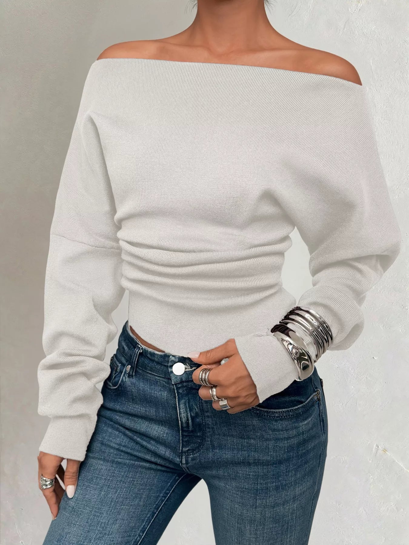 Off-Shoulder Ruched Long Sleeve Sweaer OutfitFlow