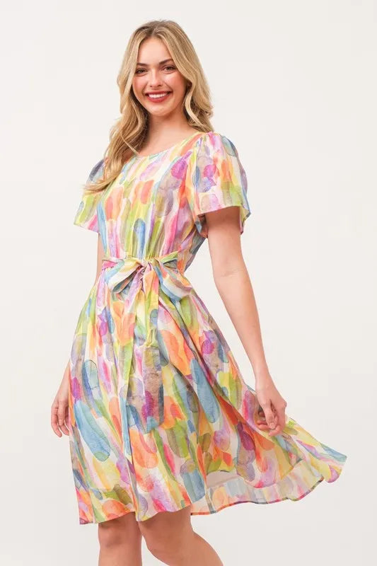 Lime 'N' Chili Watercolor Print Tie Front Midi Dress OutfitFlow
