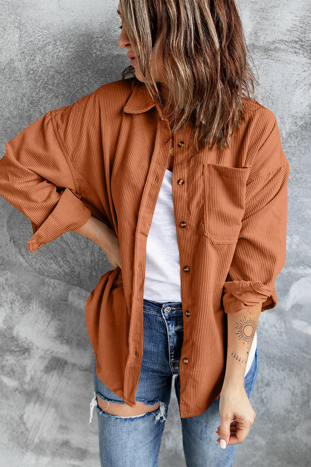 Collared Neck Button Up Dropped Shoulder Jacket