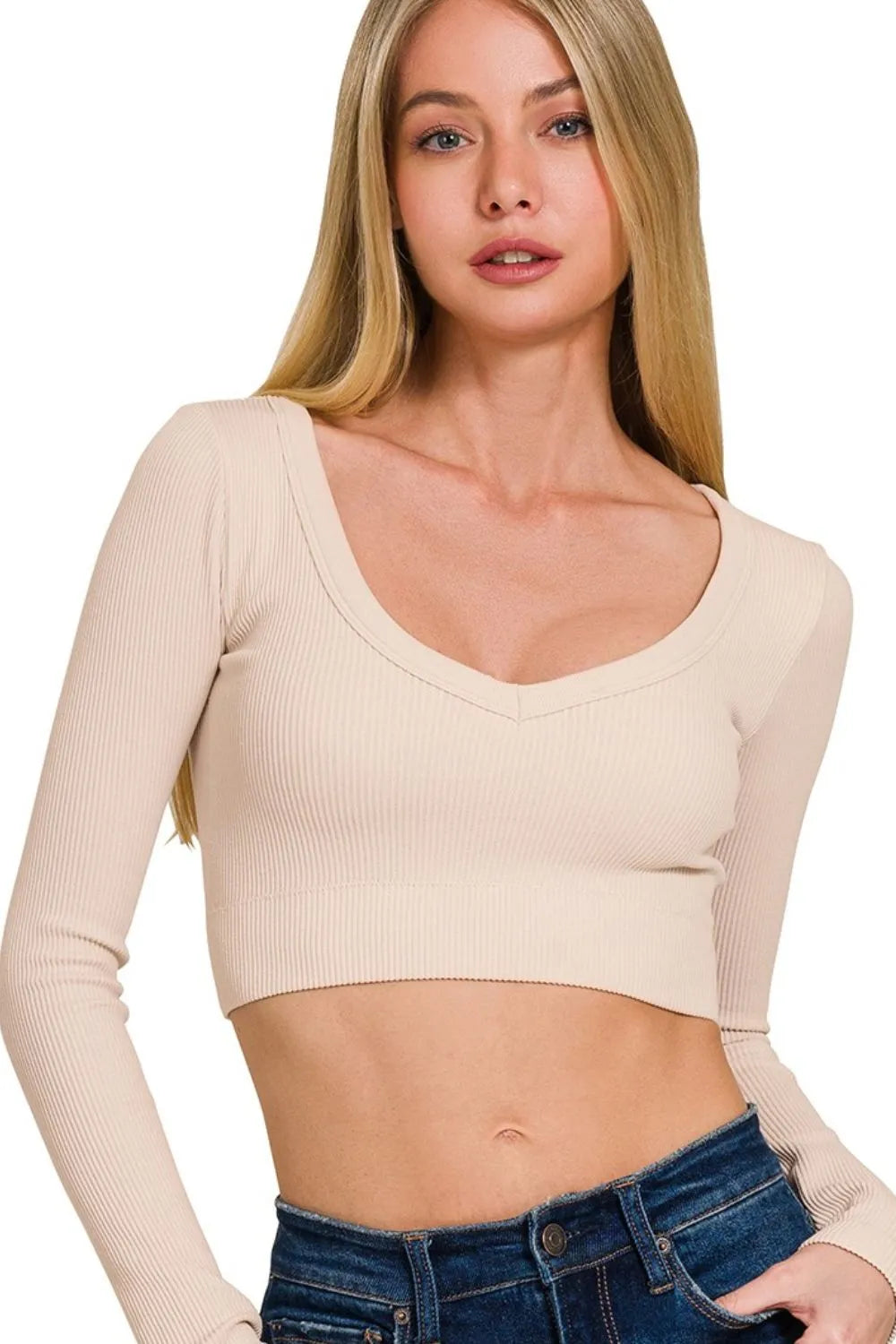 Zenana Seamless Fitted Rib V-neck Long Sleeve Crop Top OutfitFlow
