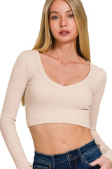 Zenana Seamless Fitted Rib V-neck Long Sleeve Crop Top OutfitFlow