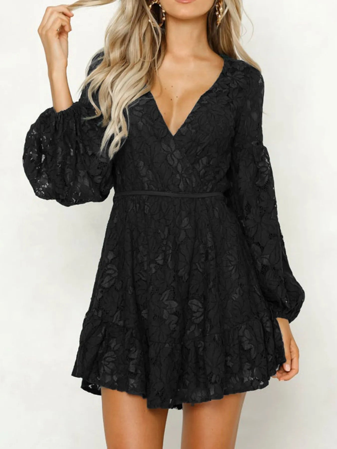 Lace V-Neck Long Sleeve Mini Dress Black OutfitFlow