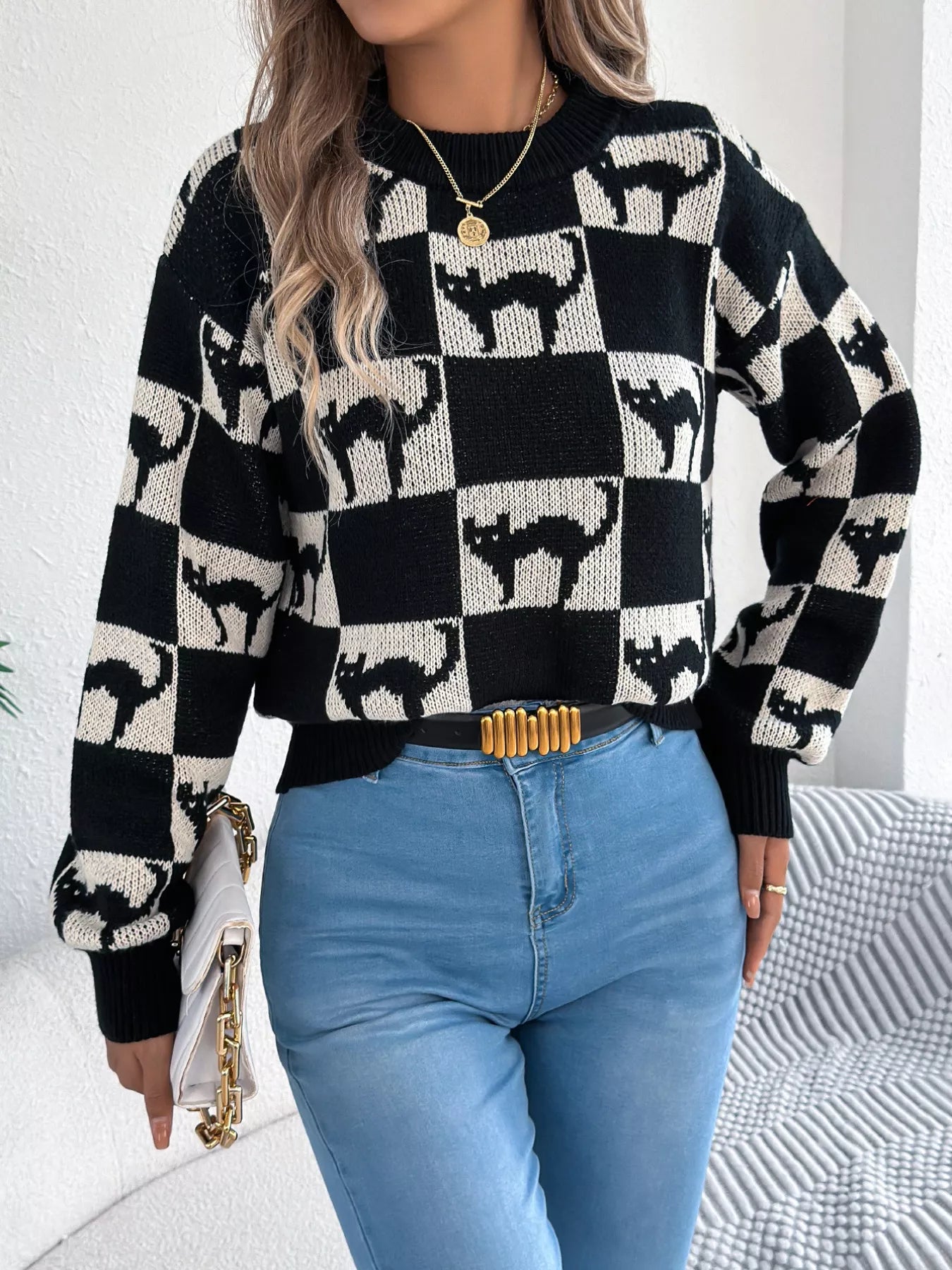 Cozy Cat Checkerboard Pattern Sweater OutfitFlow