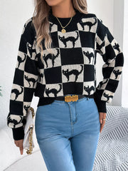Cozy Cat Checkerboard Pattern Sweater OutfitFlow