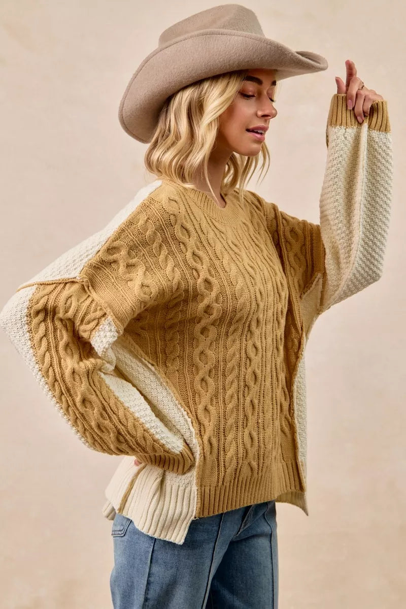 BiBi Cable Knit With Hacci Combo Sweater With Uneven Hem Detail Trendsi