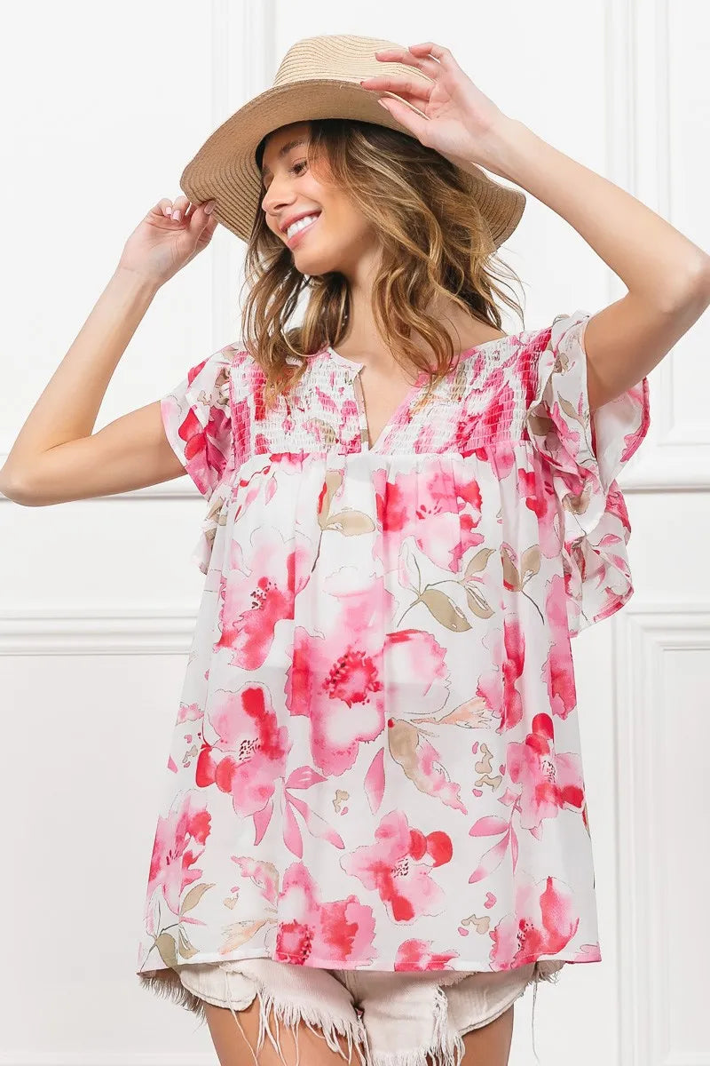BiBi Floral Print Flutter Sheer Top OutfitFlow