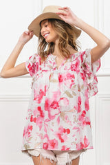 BiBi Floral Print Flutter Sheer Top OutfitFlow