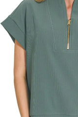 Zenana Ribbed High Neck Half Zip Top OutfitFlow