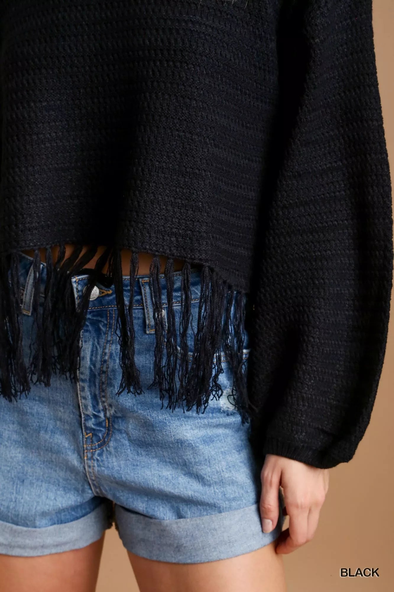 Umgee Crochet Knit Crop Top with Frey Hem OutfitFlow