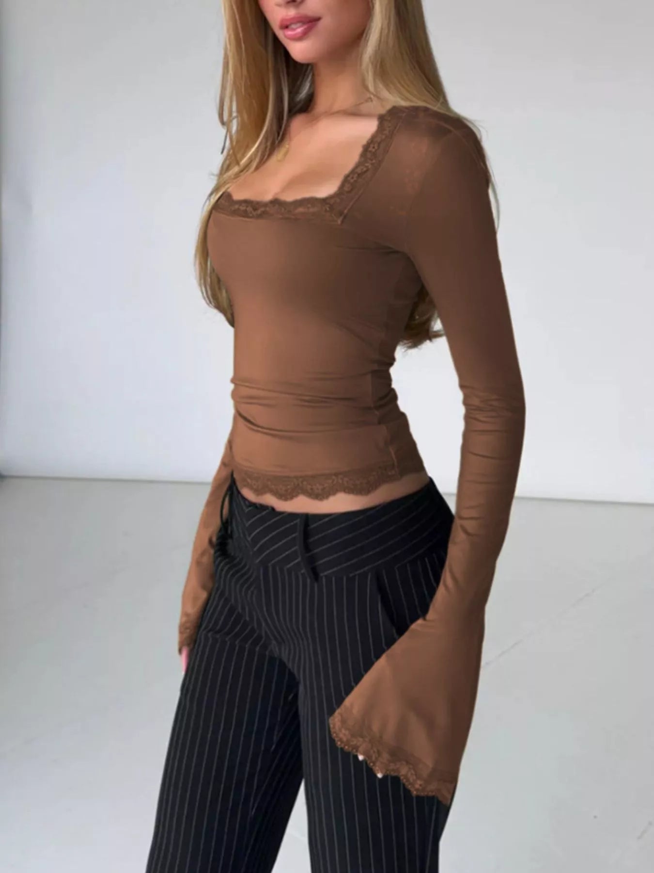 Lace Trim Long Sleeve T-Shirt Trendsi