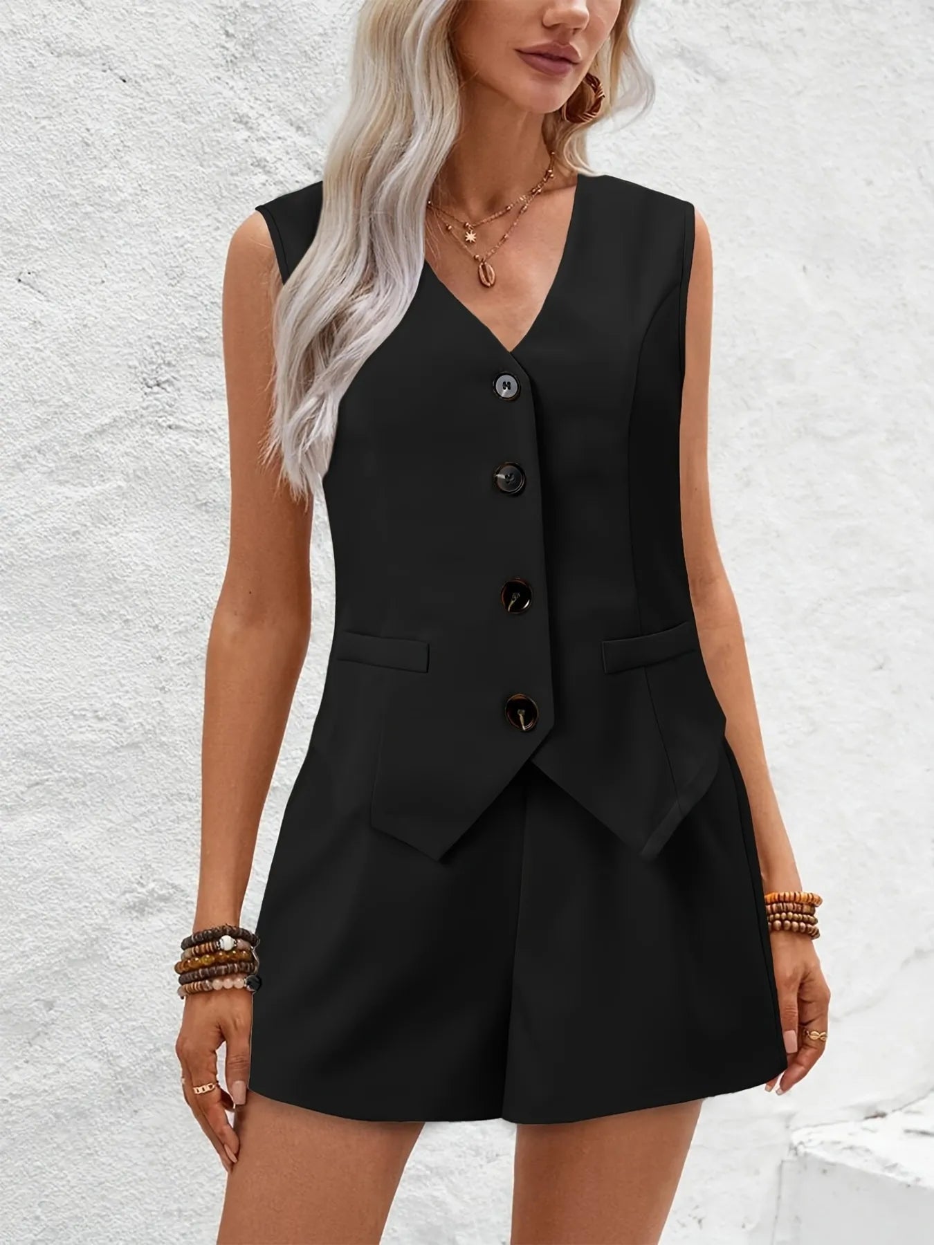 V-Neck Vest and Shorts Set OutfitFlow