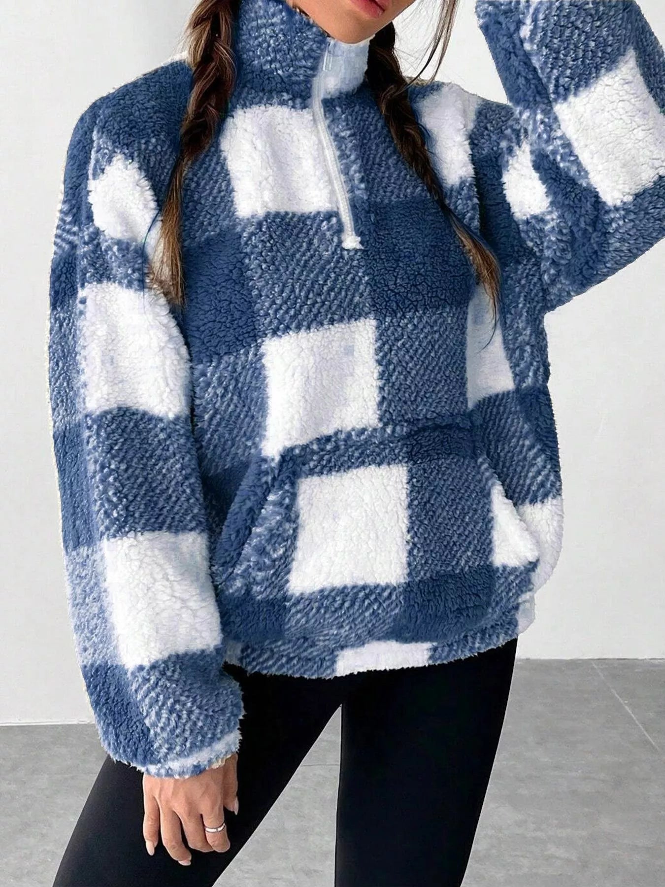Full Size Plaid Sherpa Long Sleeve Sweatshirt Plus Size OutfitFlow