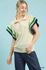 Umgee Textured Half Zip Top with Striped Flutter Sleeves ECRU OutfitFlow