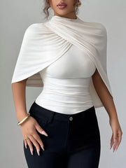 Ruched Mock Neck Shawl Half Sleeve Top OutfitFlow