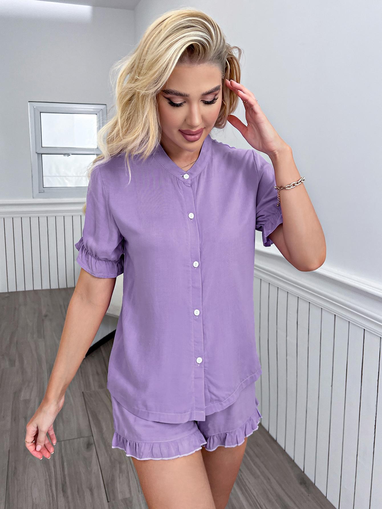 Outfit Flow - Flounce Sleeve Shirt and Frill Trim Shorts Lounge Set