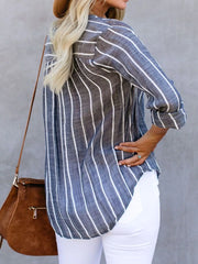 Striped Print V Neck Half Buttons Loose Blouse OutfitFlow