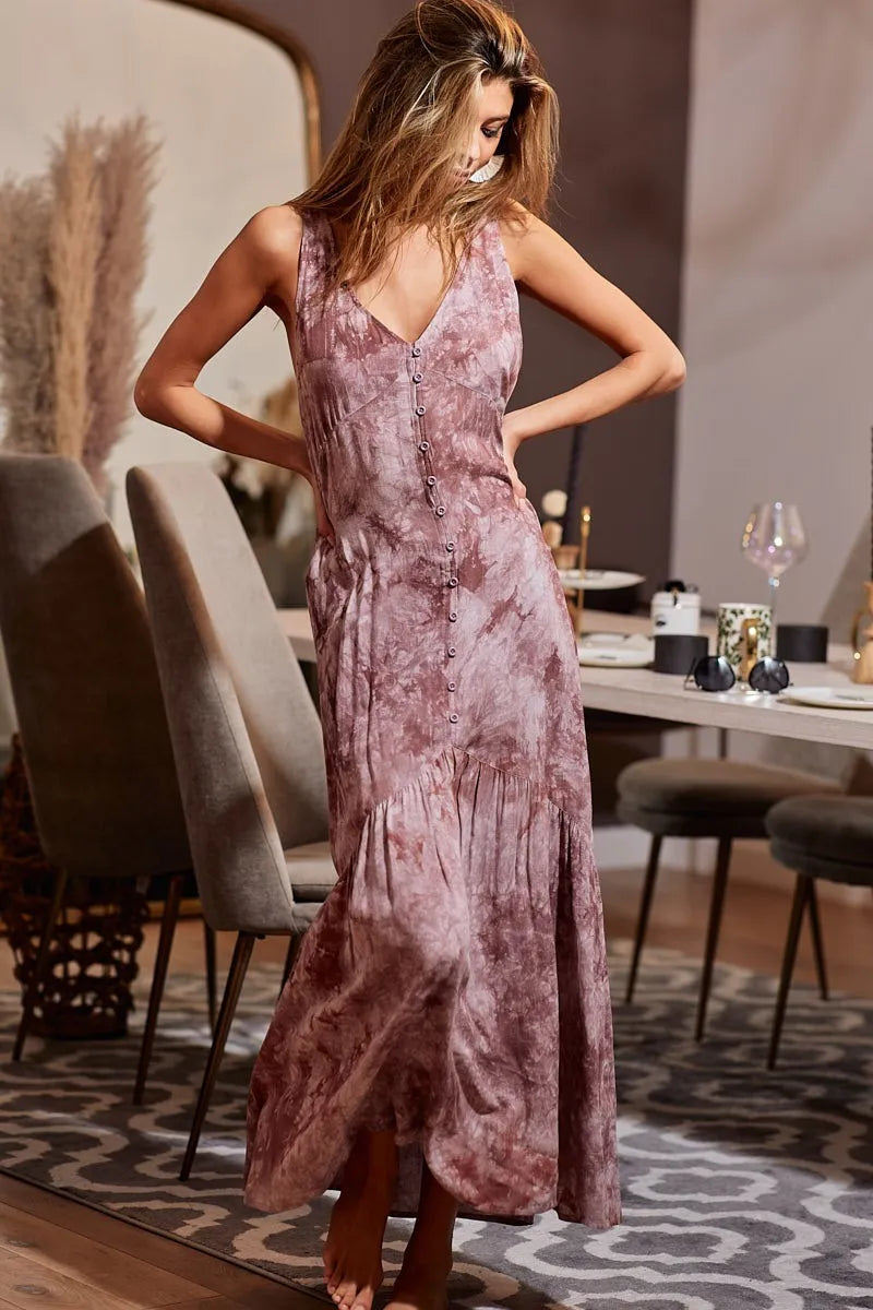 BiBi Tie-Dye Sleeveless V-Neck Dress OutfitFlow