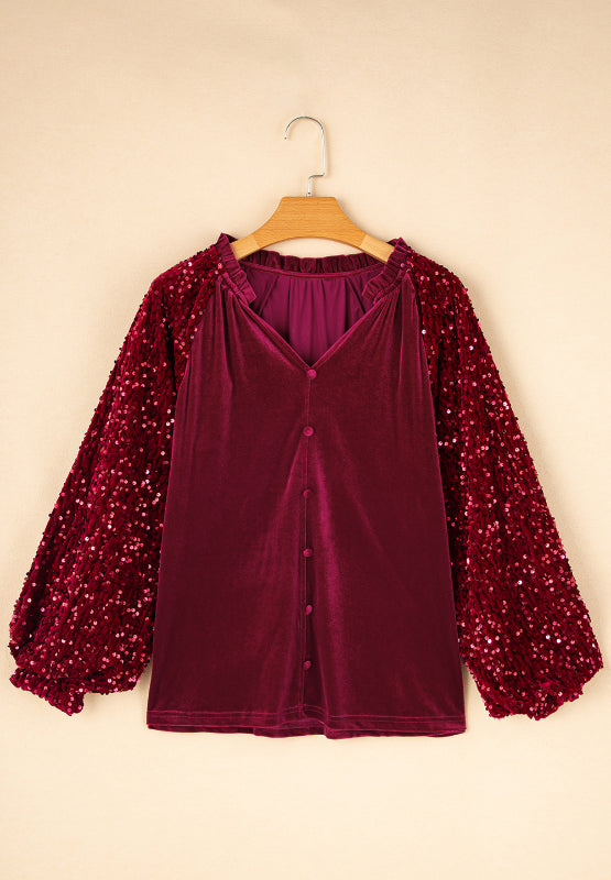 Outfit Flow - Sequin Notched Long Sleeve Blouse