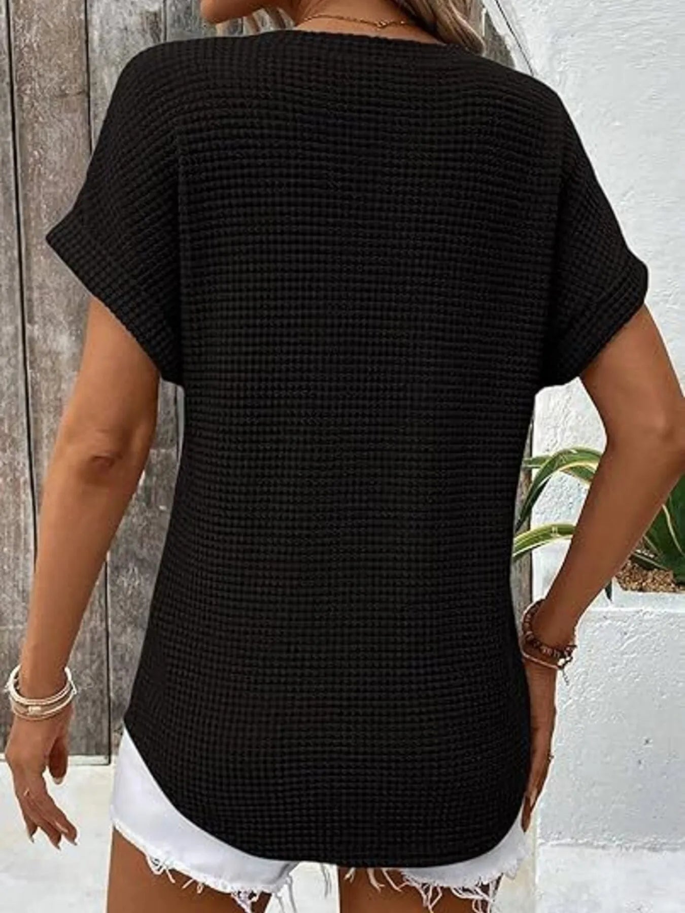 Waffle Knit V-Neck Casual T-Shirt OutfitFlow