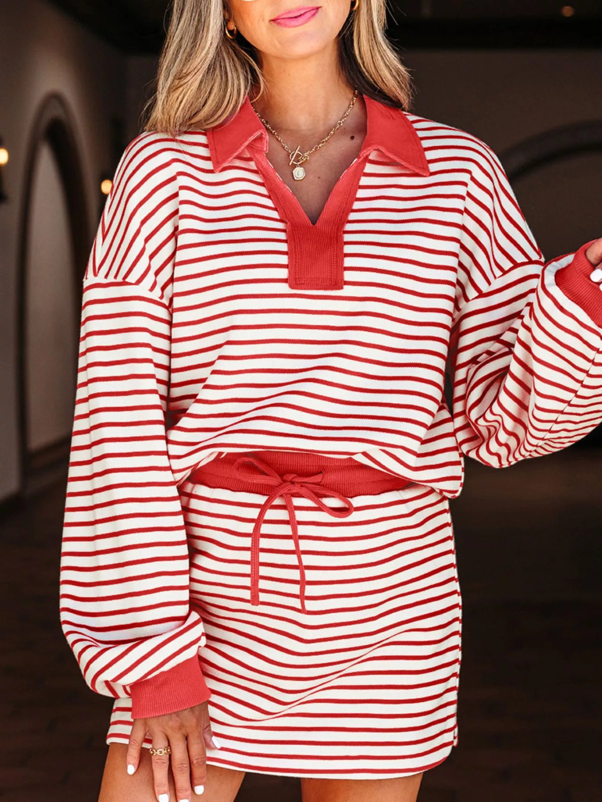 Stripe Collared V Neck Drop Shoulder Pullover and Skort 2pcs Outfit Orange-Red Trendsi