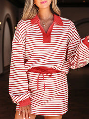 Stripe Collared V Neck Drop Shoulder Pullover and Skort 2pcs Outfit Orange-Red Trendsi