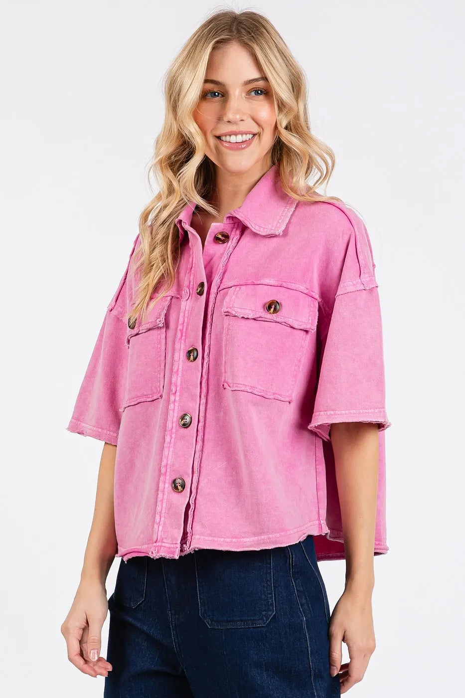 Mittoshop Mineral Wash Boxy Short Sleeve Button Down Shirt OutfitFlow