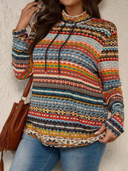 Outfit Flow - Plus Size Drawstring Printed Mock Neck Long Sleeve Top