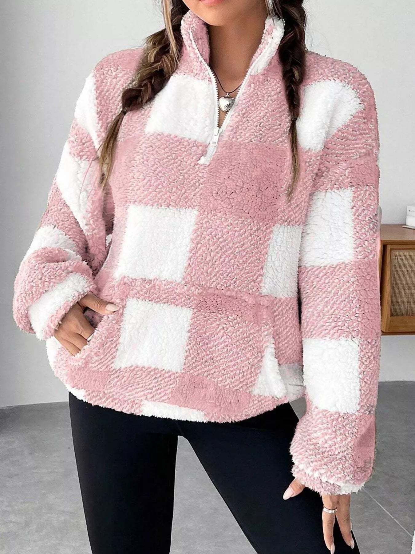 Full Size Plaid Sherpa Long Sleeve Sweatshirt Plus Size OutfitFlow