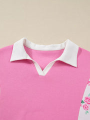 Plus Size Contrast Polo Collar Floral Patchwork Elastic Cuffs Long Sleeve Top Trendsi