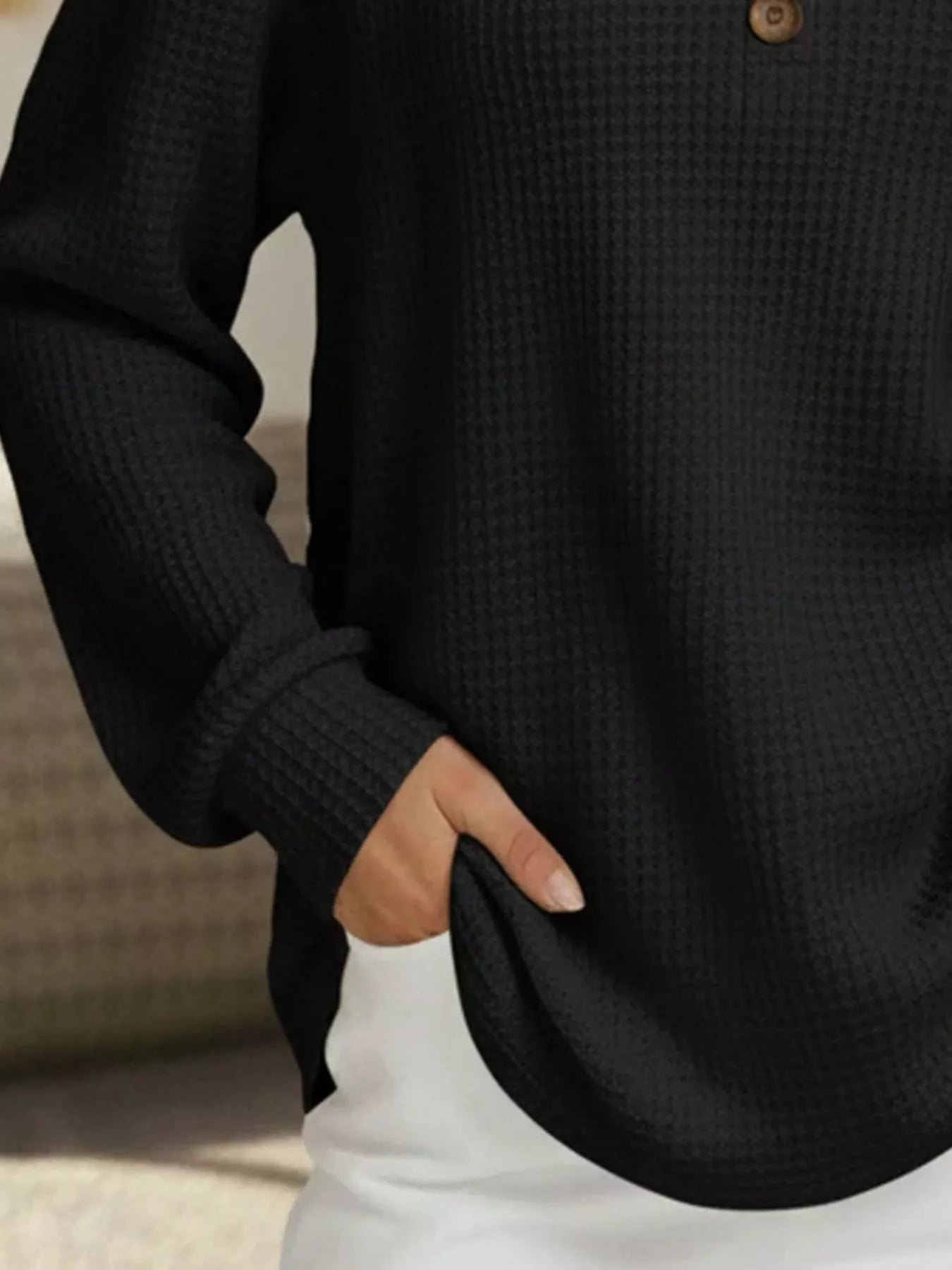 Full Size Casual Waffle Knit Long Sleeve T-Shirt Plus Size OutfitFlow