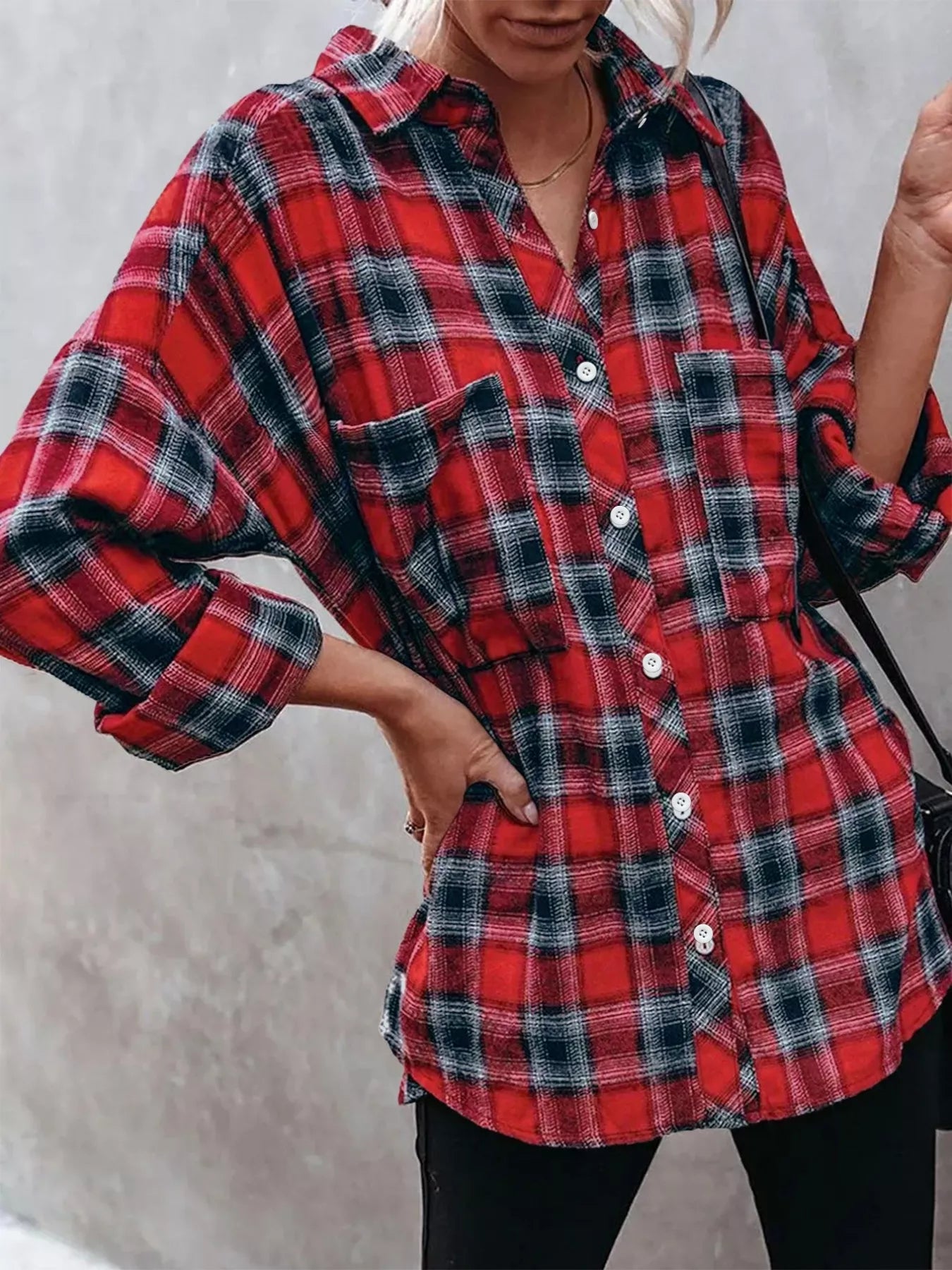 Plus Size Plaid Button-Down Shirt Scarlet OutfitFlow