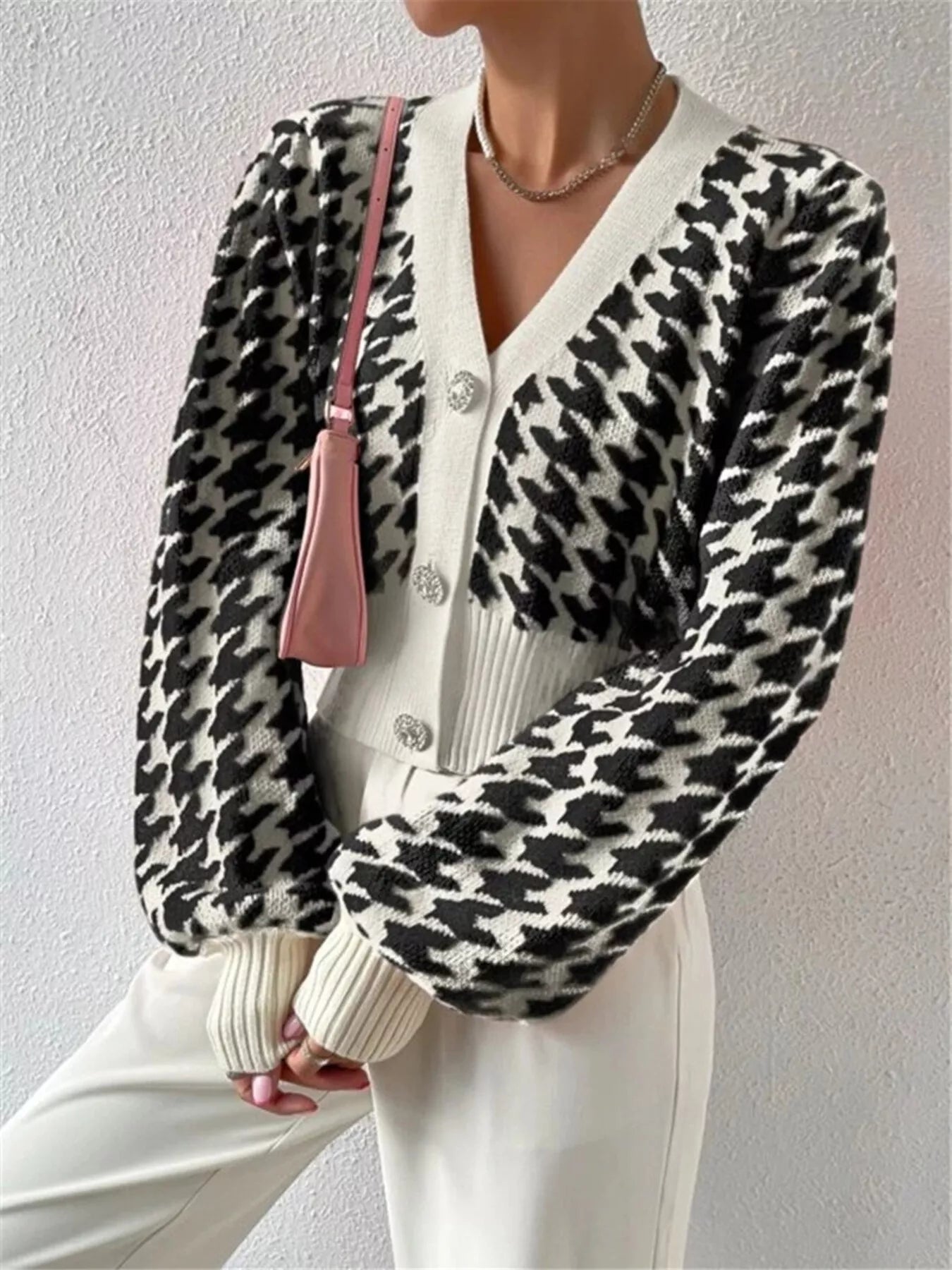 Houndstooth V-Neck Button Up Cardigan Black OutfitFlow