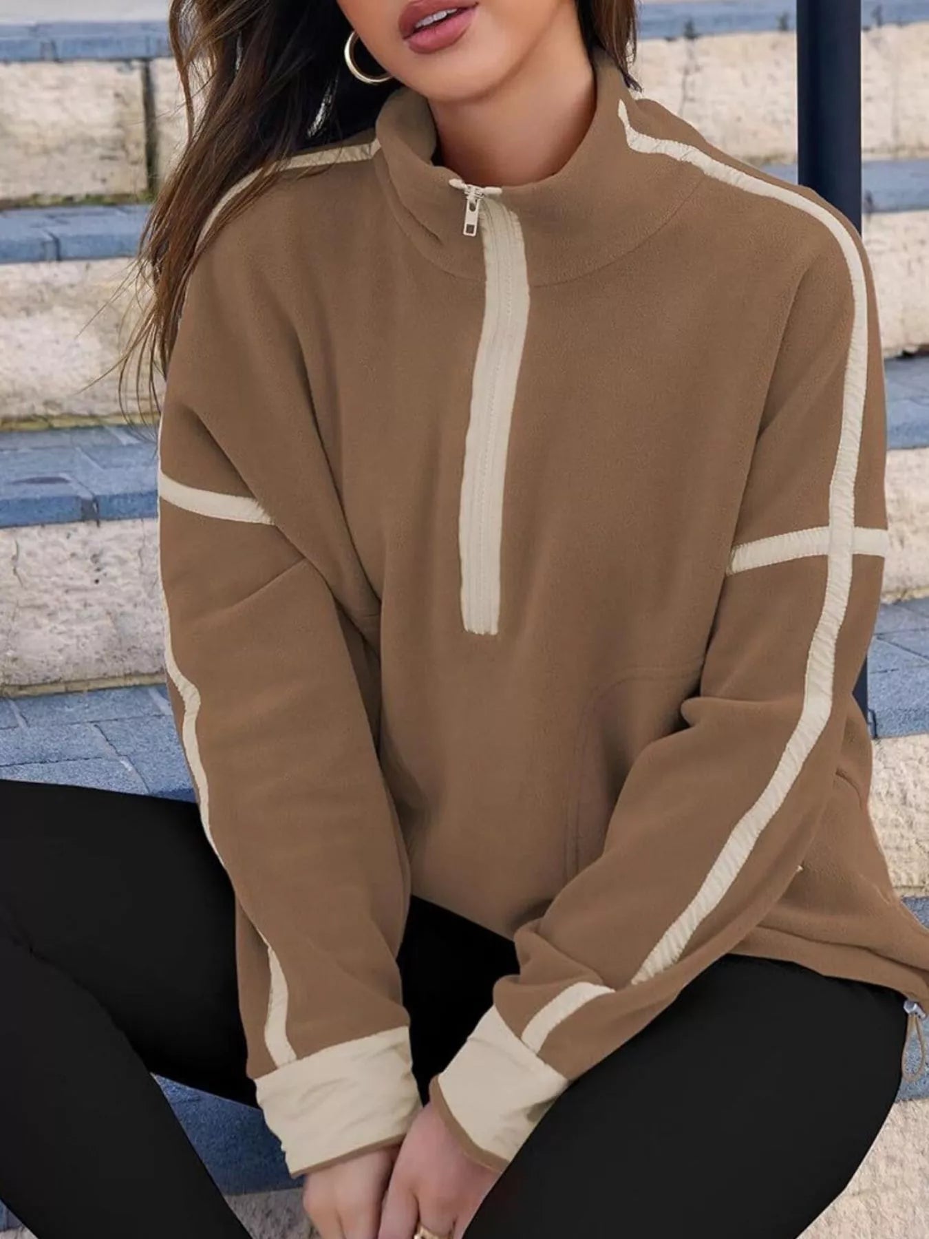 Half Zip Dropped Shoulder Sweatshirt Brown OutfitFlow