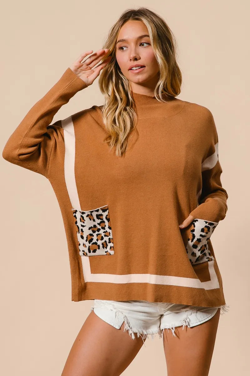 BiBi Mock Neck Sweater with Leopard Pocket OutfitFlow