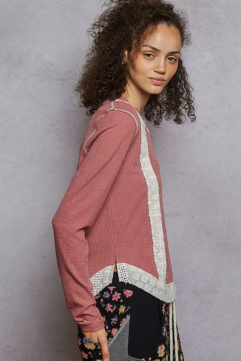 POL Contrast Round Neck Long Sleeve Ribbed Top with Eyelet Patch OutfitFlow
