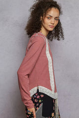 POL Contrast Round Neck Long Sleeve Ribbed Top with Eyelet Patch OutfitFlow