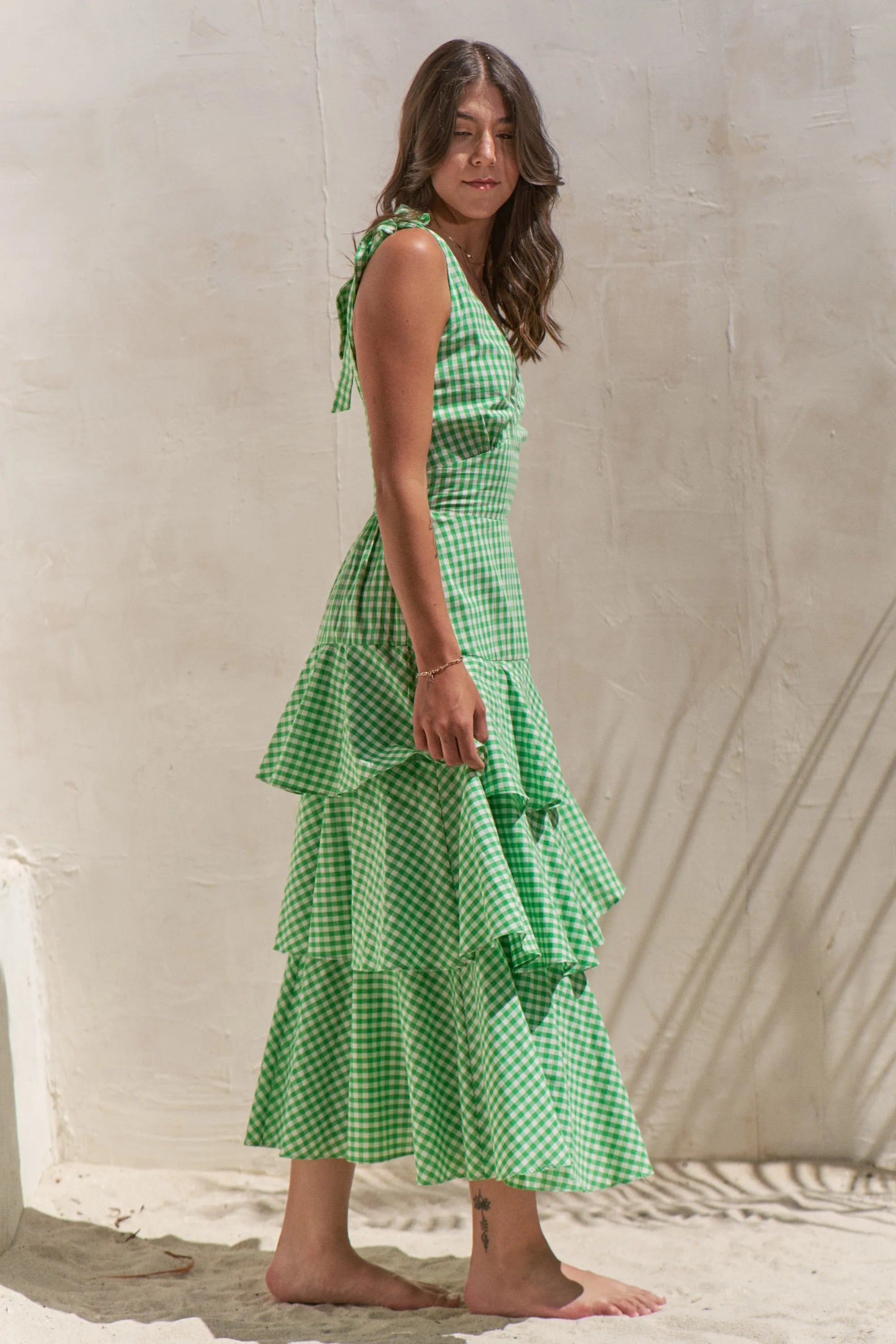 Jade By Jane Sleeveless Gingham Print Tiered Midi Dress OutfitFlow