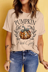 Pumpkin Graphic Round Neck Short Sleeve T-Shirt Tan OutfitFlow
